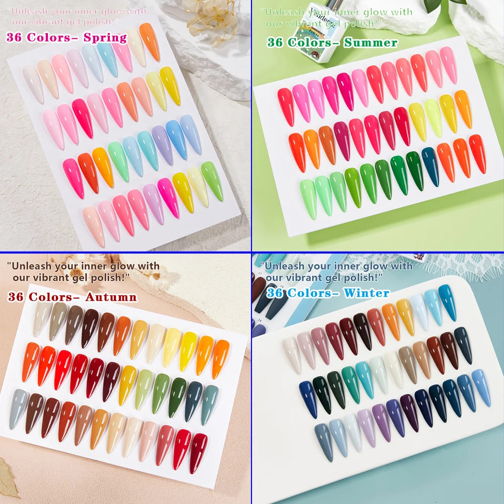 

Vendeeni 36 Colors/set Four Seasons Pure Colors Crystal Gel Nail Polish UV LED Pink Green Manicure Nail Varnish With Color Card