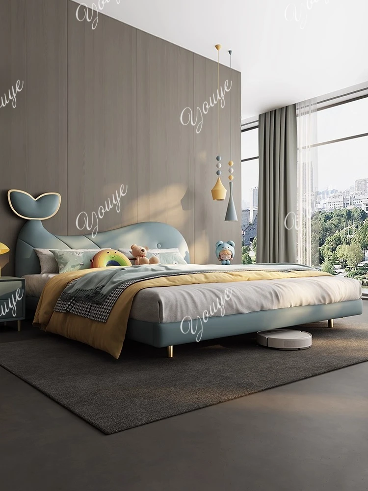 

Leather bed second bedroom household 1.5 meters solid wood small household modern simple blue pink cartoon