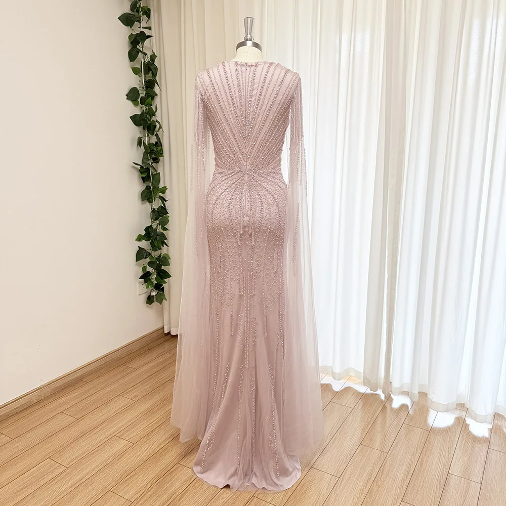 Elegant Pink Mermaid Beads Evening Dress for Women with Cape Sleeves 2025 V Neck Long Formal Prom Wedding Party Gown Customized