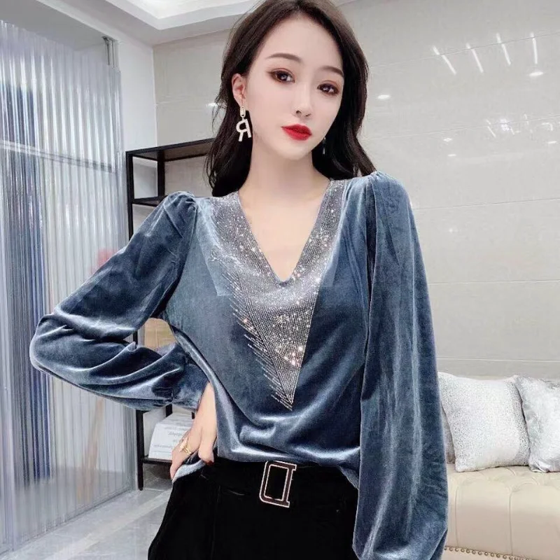 Glitter allentato t-shirt donna primavera scollo a V Streetwear abbigliamento autunnale strass paillettes Casual donna Tshirt Top Kpop elegante nuovo