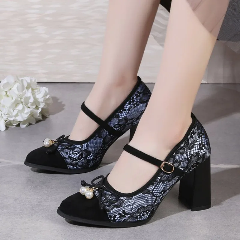 

2026 New Women's Retro Mary Jane Chunky Heel Shoes Womens Square-Toe Bowknot Pumps Vintage Comfortable Elegant High Heels