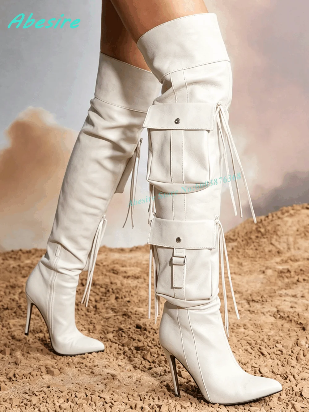 Pockets Tassel Decor Over The Knee Boots Pointed Toe Stiletto High Heel Side Zipper Women's Boots Party Club Street Style Shoes