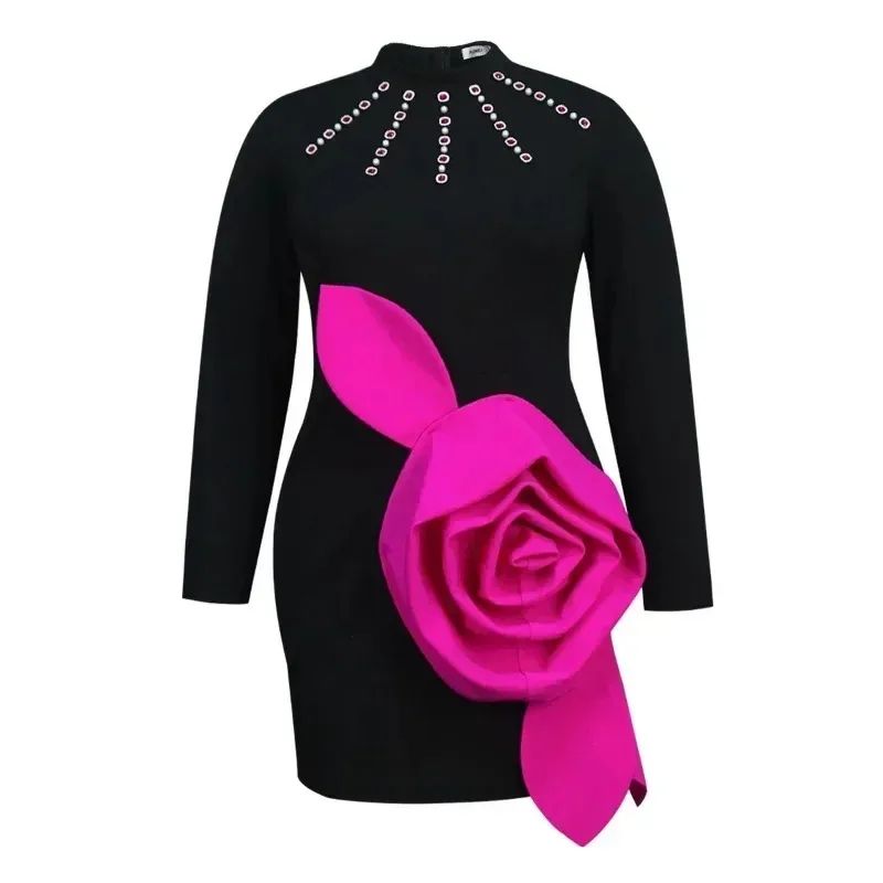 2025 New Autumn Winter Elegant Black Mini Dress Half High Neck Nail Bead Rose Shaped Sheath Evening Party Banquet Birthday Gowns