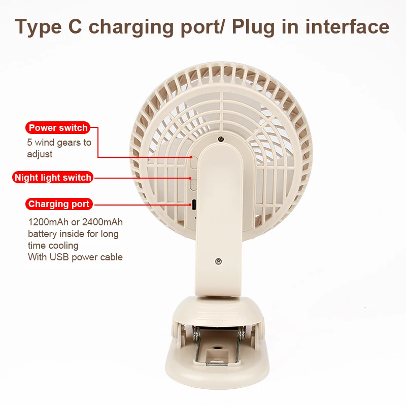 USB Mini Electric Cooling Fan Night Light Camping Rechargeable Desktop Wall-mounted Air Circulator Wireless Ceiling Clip Cooler