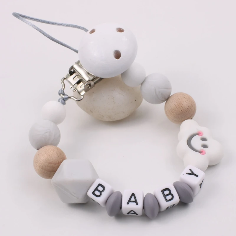 Baby Personalized Name Pacifier Clips Silicone Chains Handmade Toddler Beech Teether Teething Chain Nipple Clip Chew Toys Gift