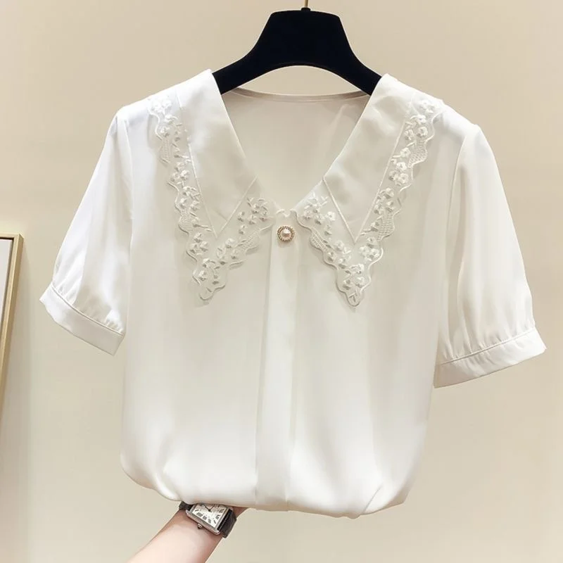 Women Spring Summer Style Blouses Shirts Lady Casual Short Sleeve Peter Pan Collar Blusas Tops ZZ0792