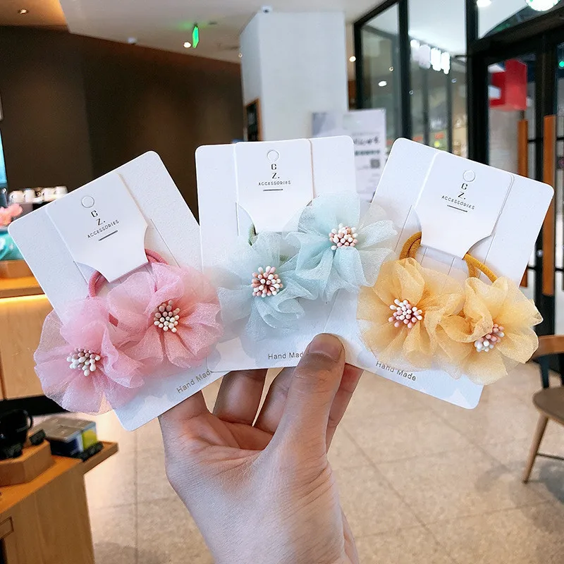 2pcs/lot Children's hair accessories spring yarn flower hair circle girl fairy hair rope flower rubber band girl ponytail tie