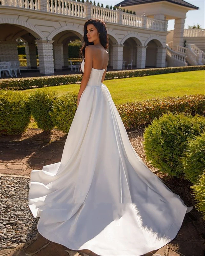 Vestido de novia de satén con corte en A para mujer, elegante vestido de novia hecho A medida, escote único, mangas largas, abertura lateral, alta y Simple, 2022