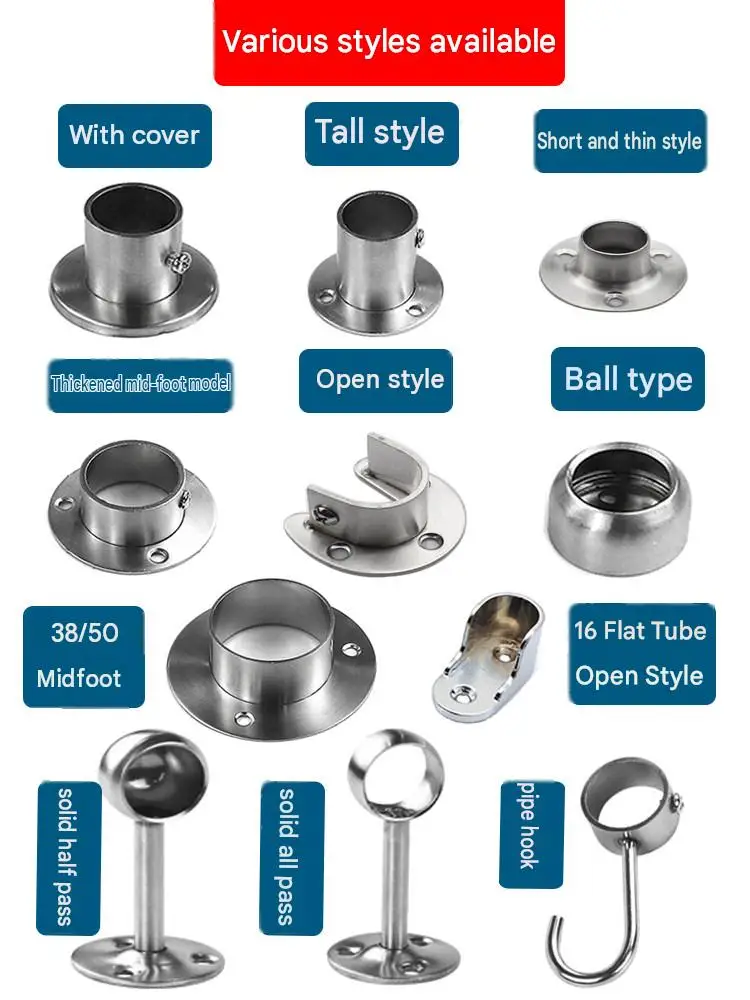 Stainless Steel Flange Bracket, Wardrobe Curtain/Towel Round Tube Holder, Furniture Fittings, Fit 19/22/25/32mm Pipe