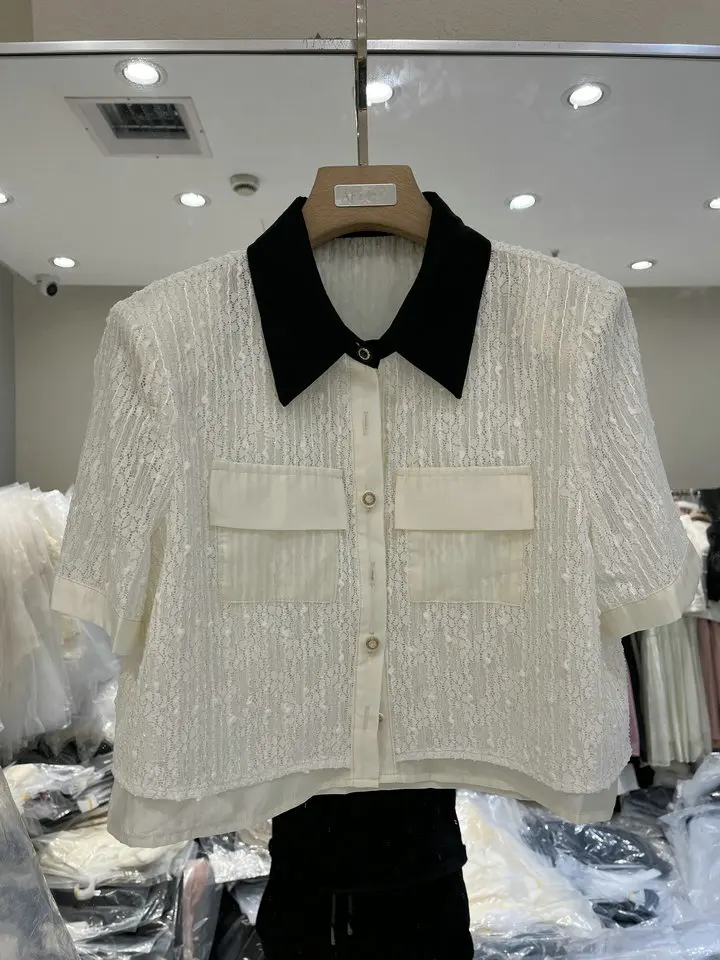 

Commuter Style Embroidered Lace Collar Shirt Spring New Arrival Shiny Sequin Flip Collar Women's Top Sweet Style Collar ...