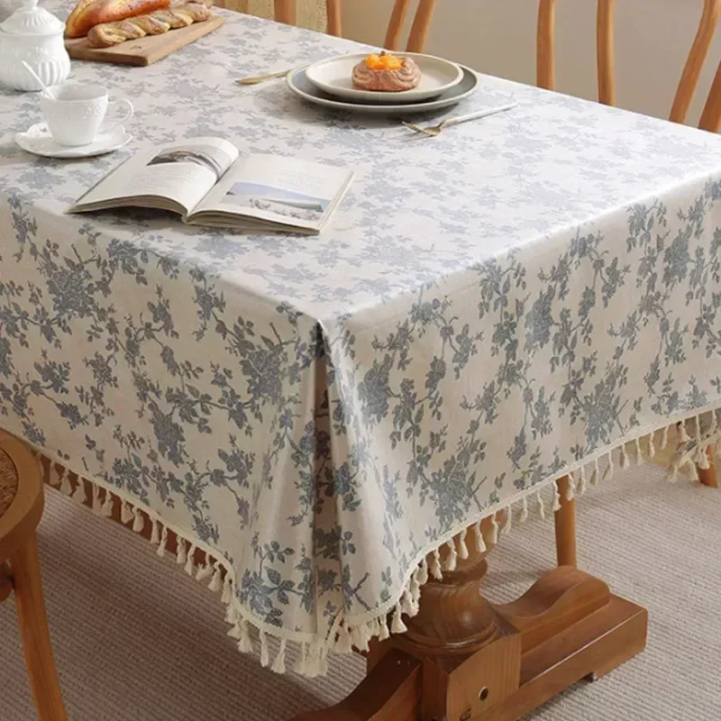 Korean Style Small Fresh Blue Floral Rectangle Tablecloth With Tassels Picnic Cloth Photography Backdrop Table Cover