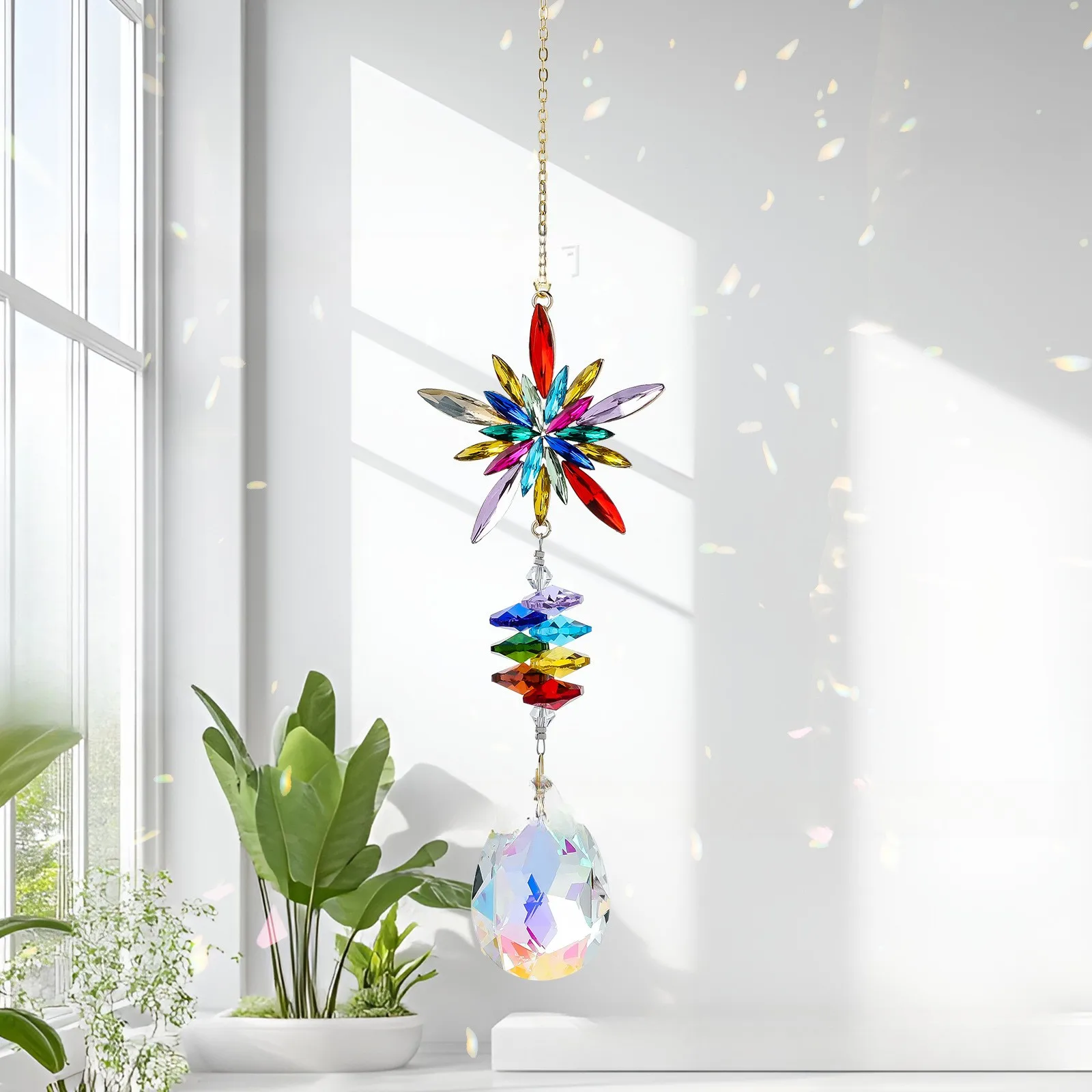 4Pcs for whimsical Gemstone Sun Catchers with Gold Chain and Faceted AB Glass Teardrops for Indoor Outdoor Use