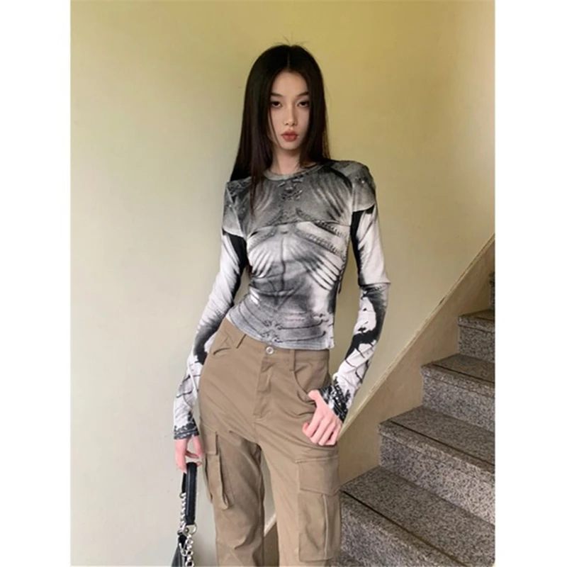 

Women's Slim Fit Long Sleeved T-shirt Spicy Girl Style Personalized Printed Pattern Sweatshirt Female Pullover Round Neck Tops