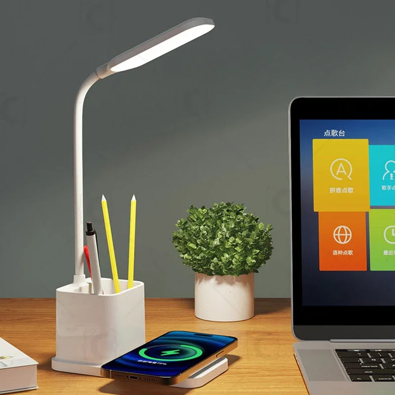 15W Wireless Charging Desk Lamp Pen Holder Table Lamp 3 Color Tempertures Dimmable Eye Protection LED Night Light