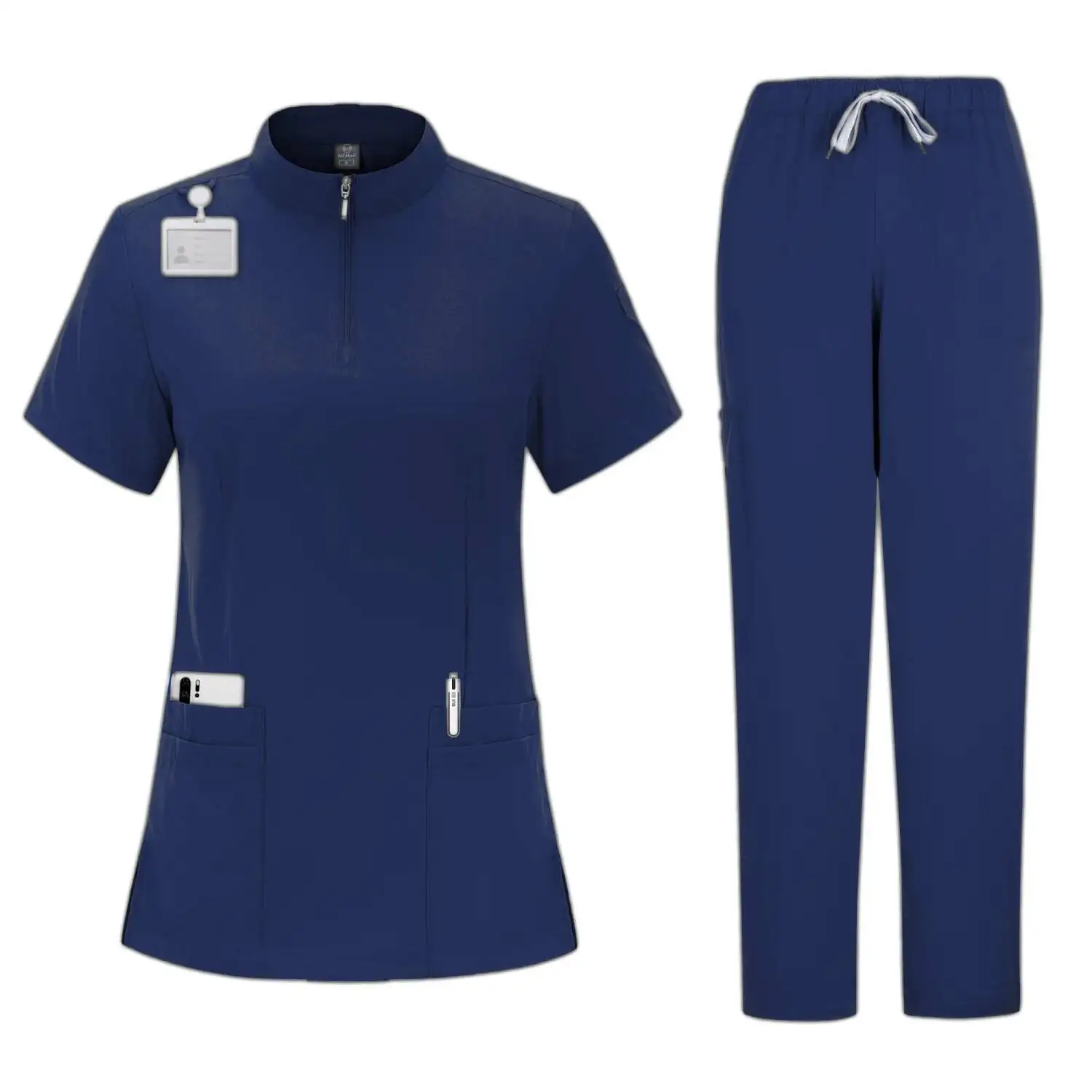 Women's 4-Pocket Zip-Neck Short Sleeve Scrub Top Nurse Uniforms Women Medical Nurses Accessories For Hospital Doctor Uniform