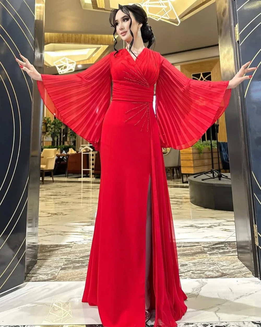 

Customized Fashion Jersey Beading Pleat Draped A-line V-neck Long Dresses Bespoke Occasion Dresses Matching Sizes Available Sexy