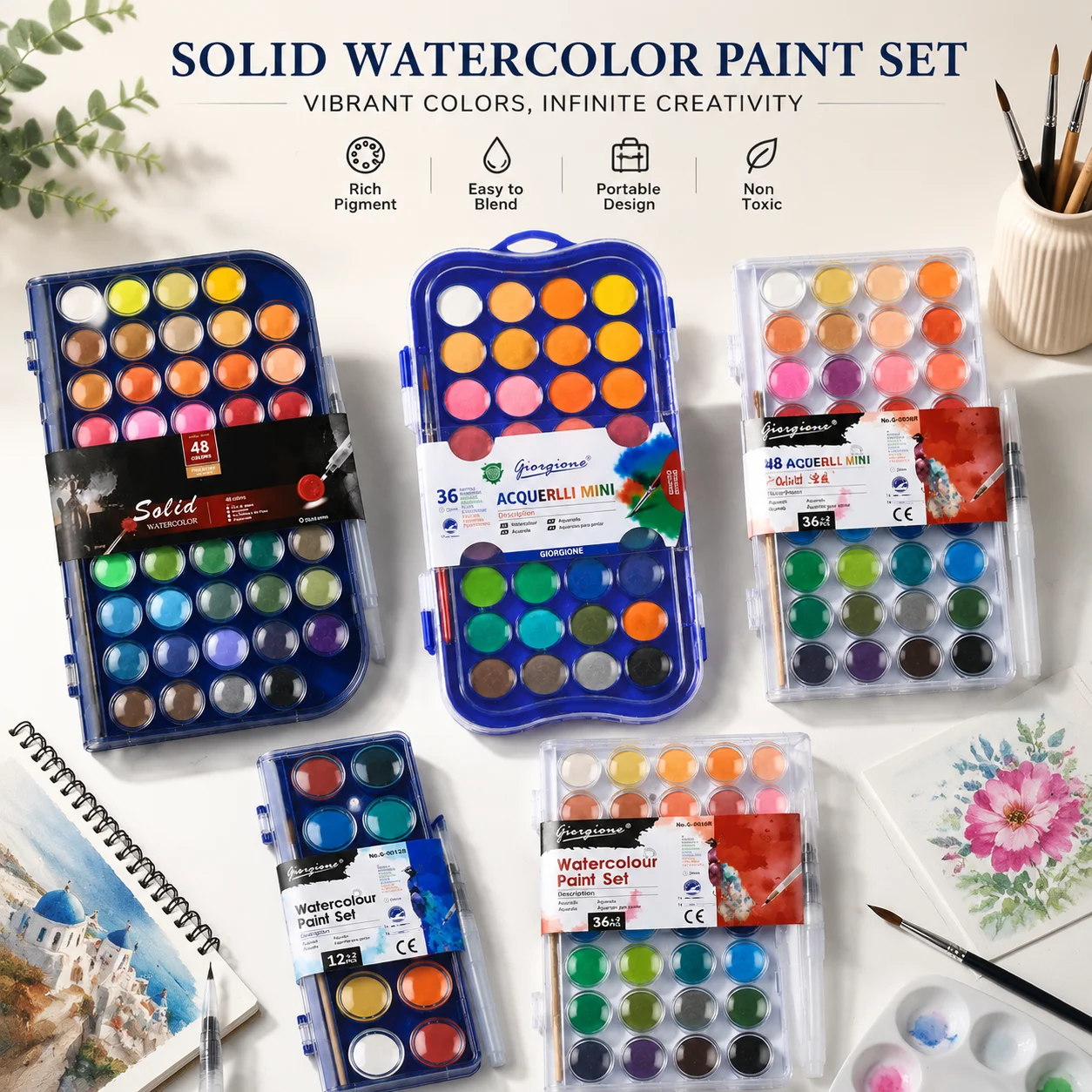 Watercolor Paint Set Solid Pigment - مجموعة ألوان مائية صلبة احترافية 12/36/48