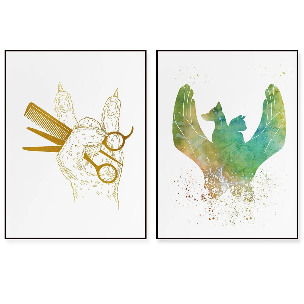 

Pet Grooming Animal Hair Salon Decor Cat Paw Salon Hairdresser Art Pet Grooming Studio Poster Watercolor Art