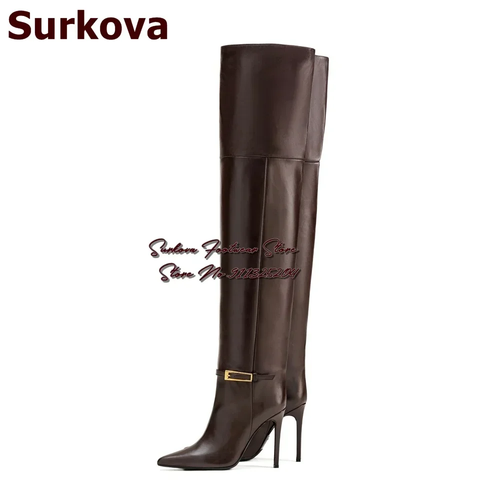 Surkova Dark Brown Coffee Matte Leather Thigh High Boots Stiletto Heels Ankle Gold Metal Buckle Belt Over The Knee Super Boots