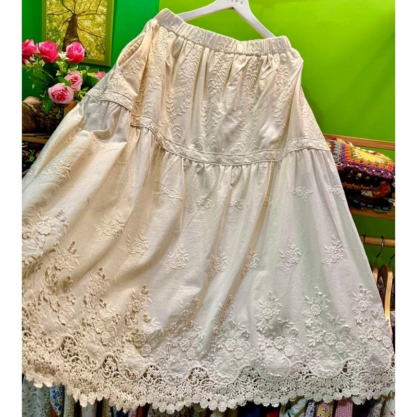 

Shabby Chic Cotton Lace Vintage Autumn Long Skirt for Women 2025 Retro Mori Girl Victorian Rococo Edwardian A-line Midi Skirt