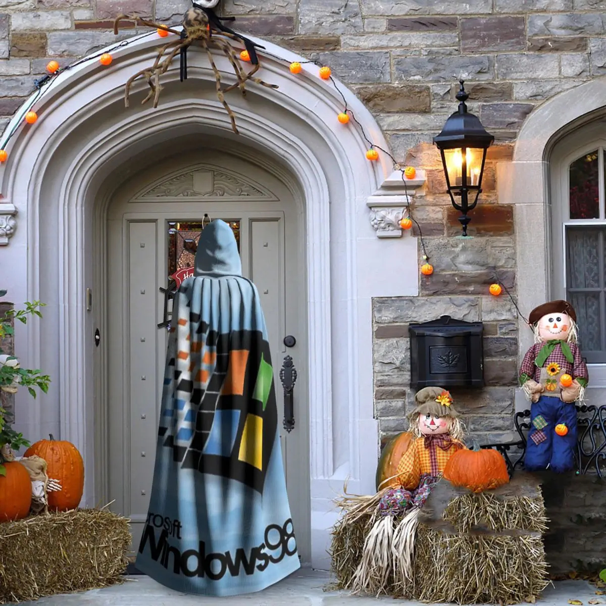 Windows 98 شاشة البداية عباءة طويلة مقنعين الساحرة القرون الوسطى زي تأثيري كيب هالوين معطف الكبار للجنسين