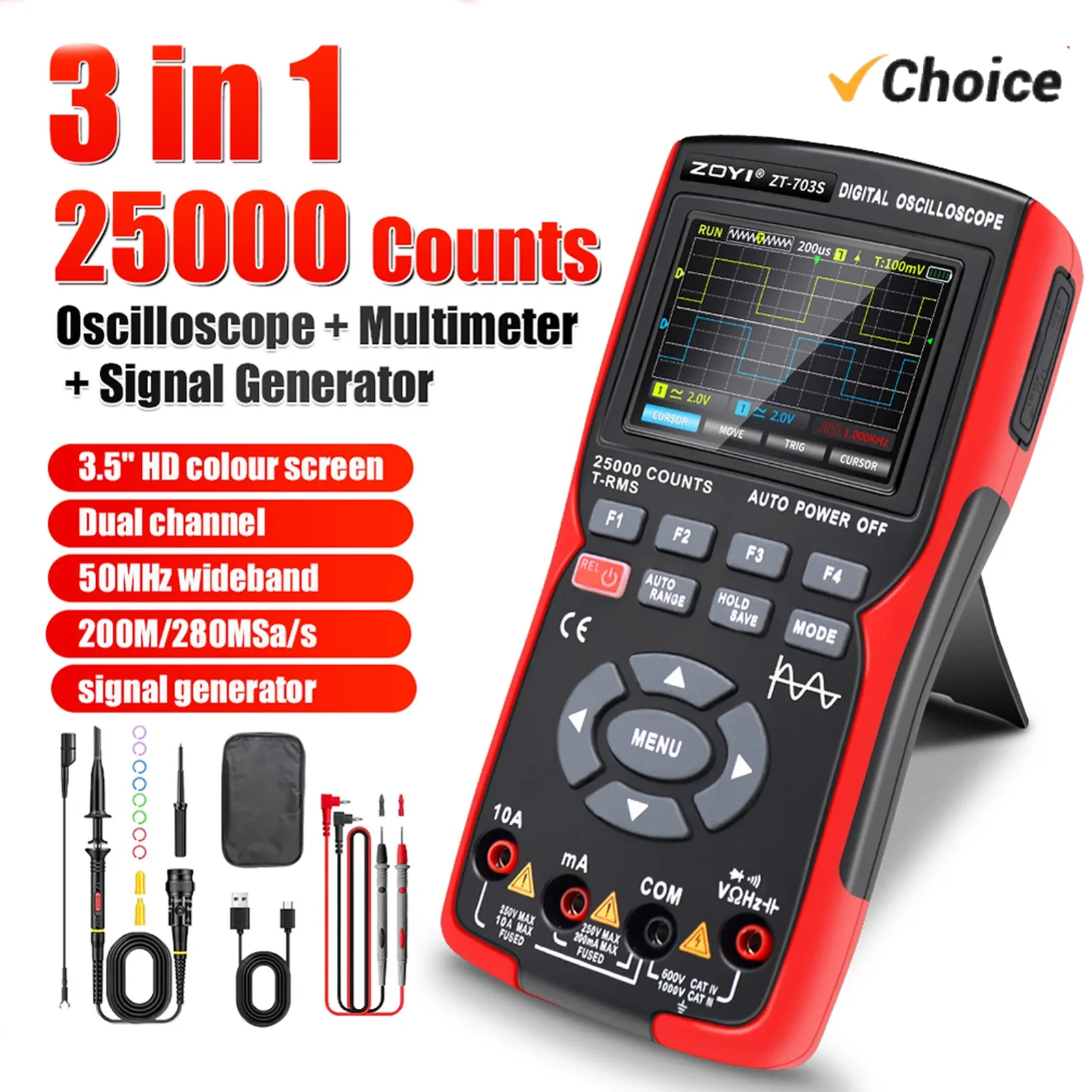 ZOYI ZT703S 3 in 1 Digital Multimeter 50MHz Bandwidth 280MS Rate PC Waveform Data Storage Dual Oscilloscope Signal Generator