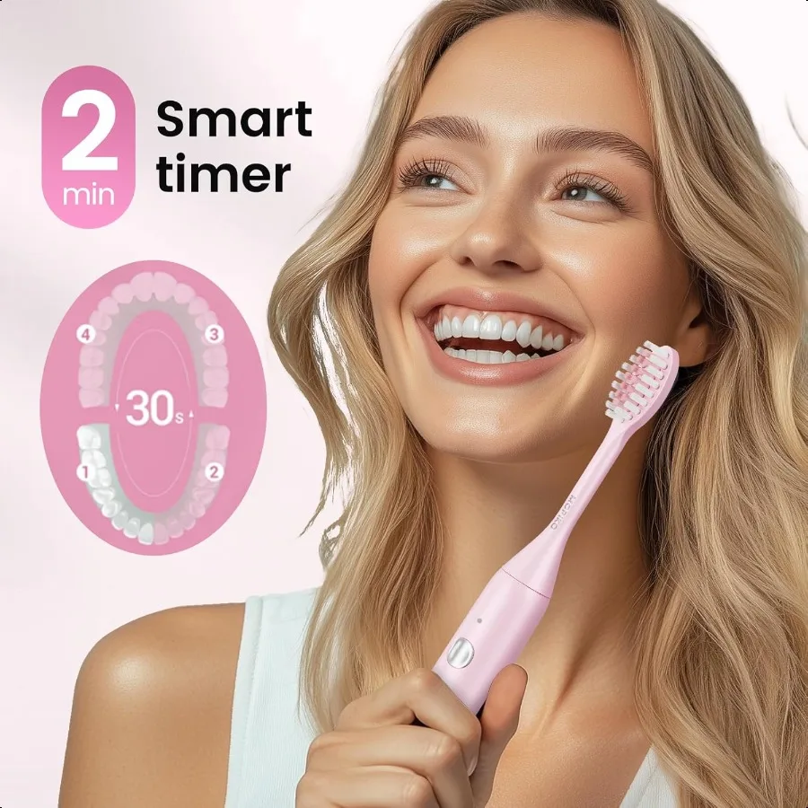 فرشاة أسنان كهربائية بالموجات الصوتية للبالغين، فرشاة أسنان كهربائية محمولة قابلة لإعادة الشحن، طقم سفر USB وردي #4