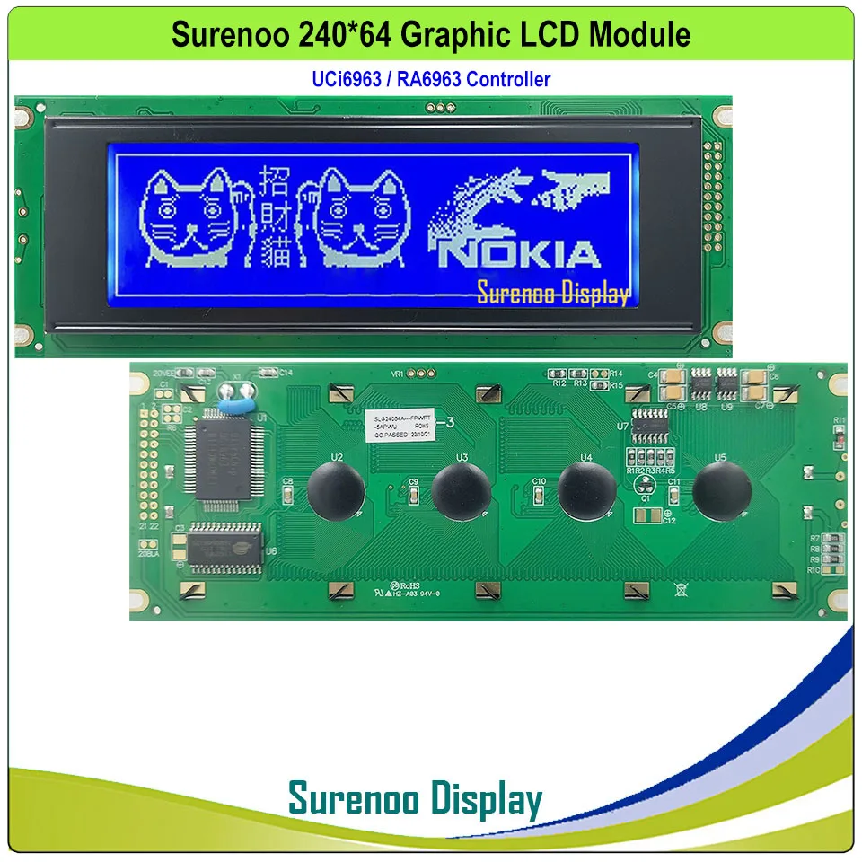 24064 "240*64 Layar Display Modul LCD Matriks Grafis Vaz 6963 RA6963 SAP1024B T6963C Pengendali Lampu Latar LED Kuning Hijau Biru