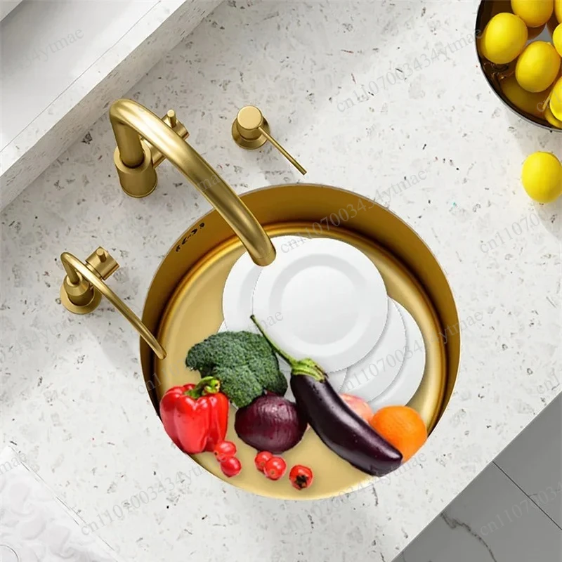 Golden Nano Round Stainless Steel Sink Single Bowl Handmade Kitchen Basin for Bar Counter