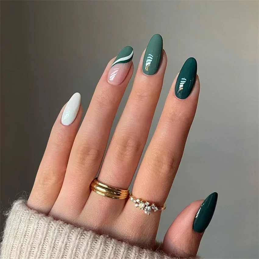 

24Pcs/Set Green and White French Wearing False Nails Art Medium Oval Press on Nail Full Coverage Simple Stick Fake Nails Tips