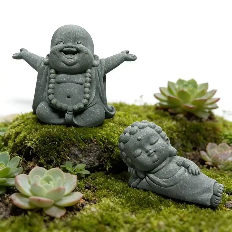 2pcs Zen Buddhist Statues, Stone Carved Maitreya Buddha Open Arms Laughing Belly, Lying Reclining Buddha, Cute Feng Shui Decor view 6