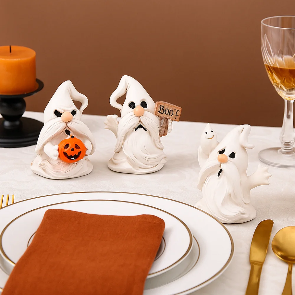 Patung Hantu Resin Bertema Halloween Model Kerajinan Kartun Ornamen Hantu Berdiri Boneka Lucu