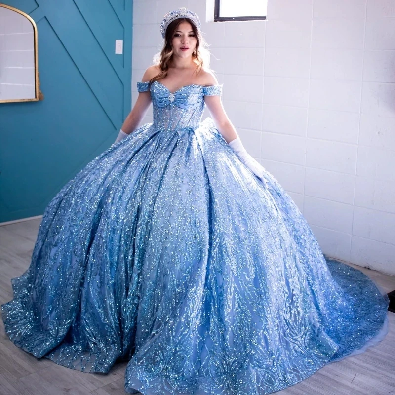 

Sky Blue Glitter Crystal Sequined Ball Gown Quinceanera Dresses Off The Shoulder Lace Beading Corset Vestidos De 15 Años