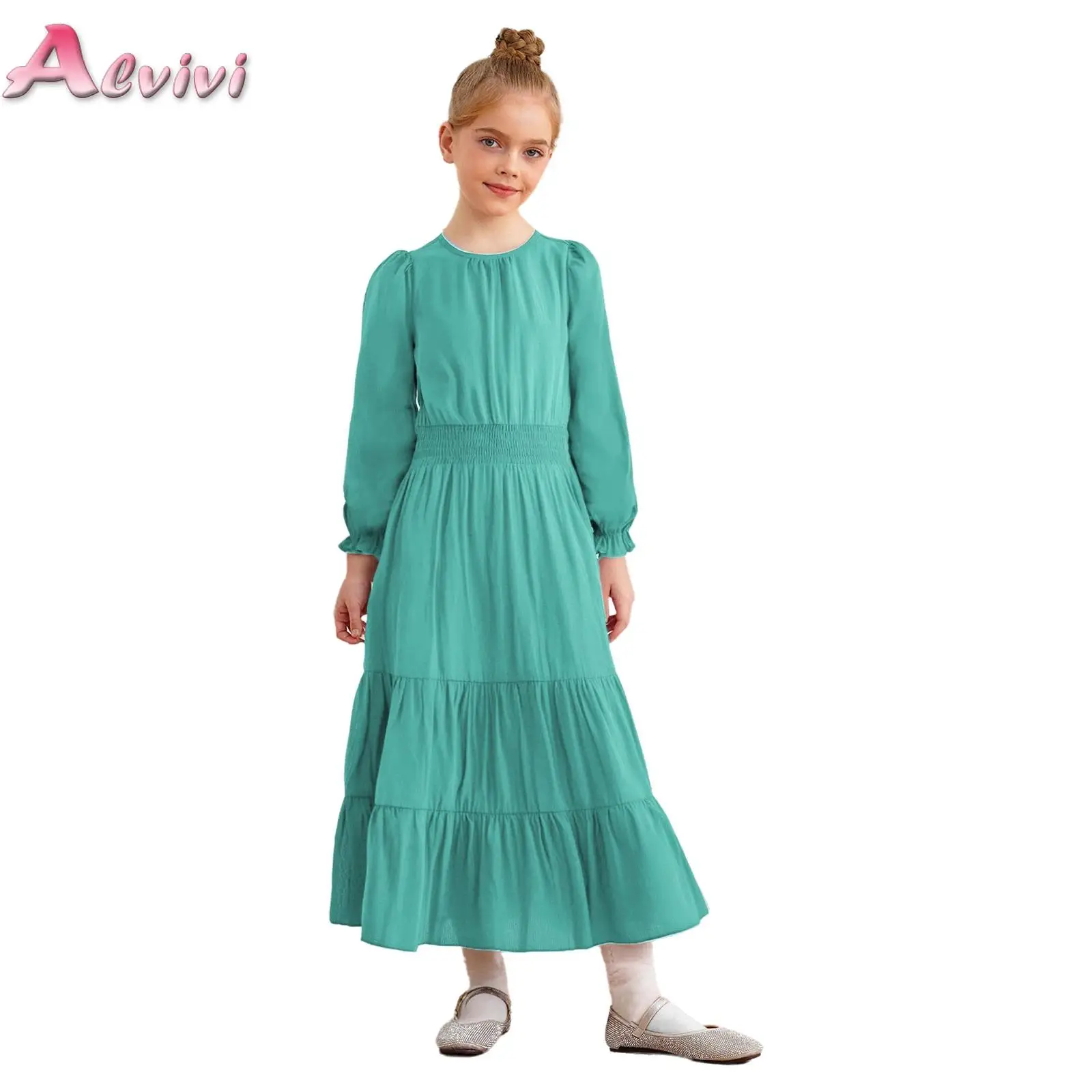 

Children Tiered Ruffled Dress Kids Girls Birthday Party Holiday Vacation Beach Fantasy Layered Clothes Long Puff Sleeves Dress