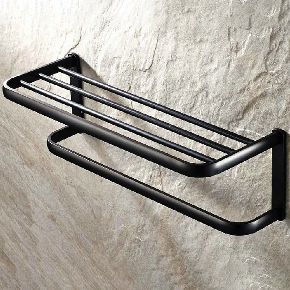 

Black Oil Rubbed Brass Hotel Bathroom Hardware Wall Mounted Towel Rack Storage Shelf Double Tier Rail Bar Holder Dba190