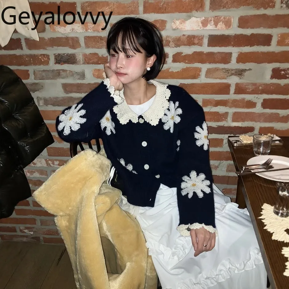 

Вязаный кардиган из смесовой шерсти с 3D жаккардовым узором и отложным воротником, ручной вязки, весна 2026, новинка, универсальный, для милых девушек, с длинными рукавами