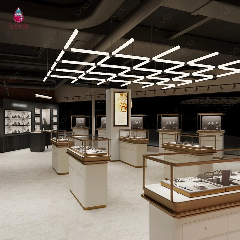 custom.Sundo Luxury Jewelry Display Showcase Counter Jewellery Store Cabinet Glass Island Pedestal Gold Trim Retail