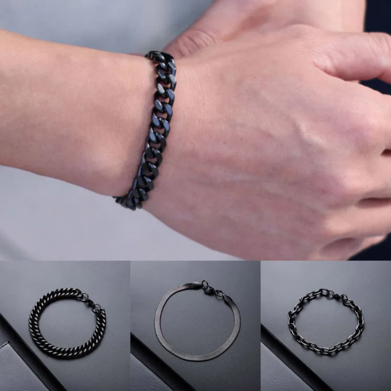 Stilvolles schwarzes kubanisches Kettenarmband für Männer, 4 Stile, Edelstahl, Hiphop-Rock-Link-Armband, Freizeit, Pulsera Homme-Zubehör