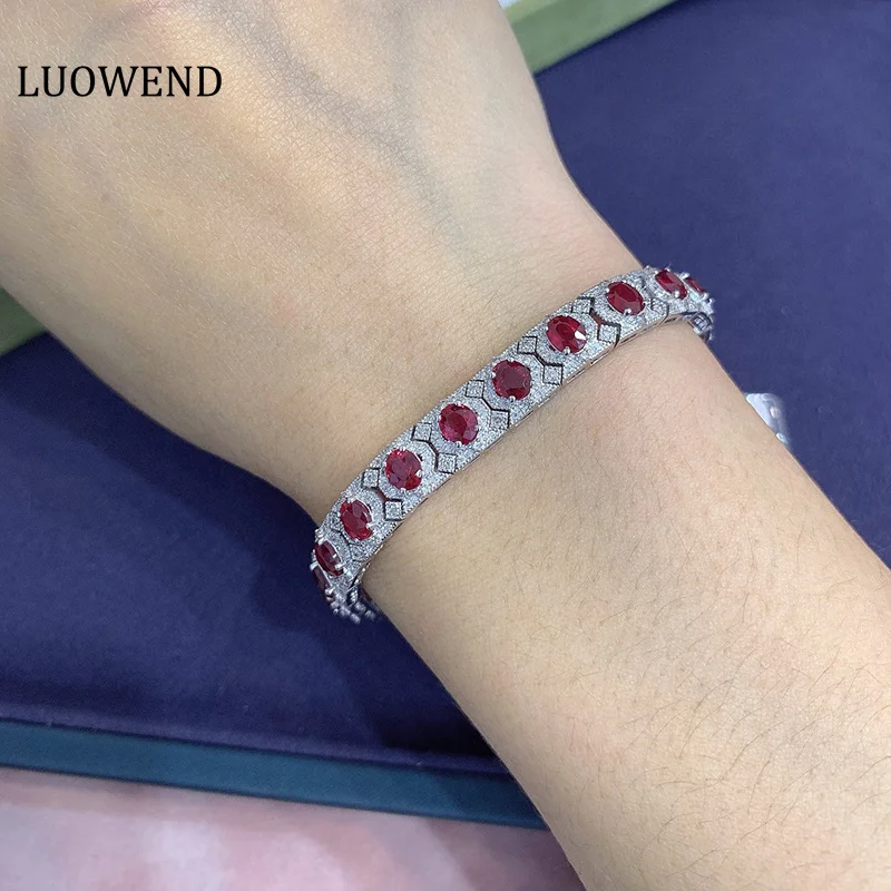 LUOWEND 100% 18K White Gold Bracelet Natural Ruby Real Diamond Luxury Gemstone Bracelet for Women Senior Banquet High Jewelry