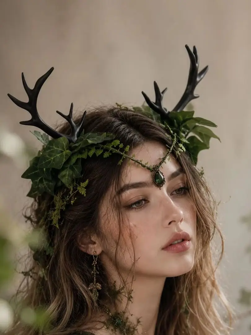 Black Deer Antler Crown Blue Rose Crescent Moon Headpiece Woodland Elf Fairy Headdress Gothic Witch Forest Goddess LARP Cosplay