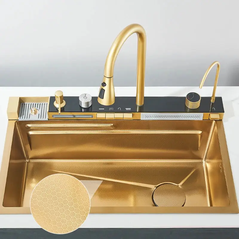 

Large Single Slot Multifunctional Golden Rainfall Waterfall Sink Handmade Stainless Steel Wash Basin Nano For Kitchen Home Use