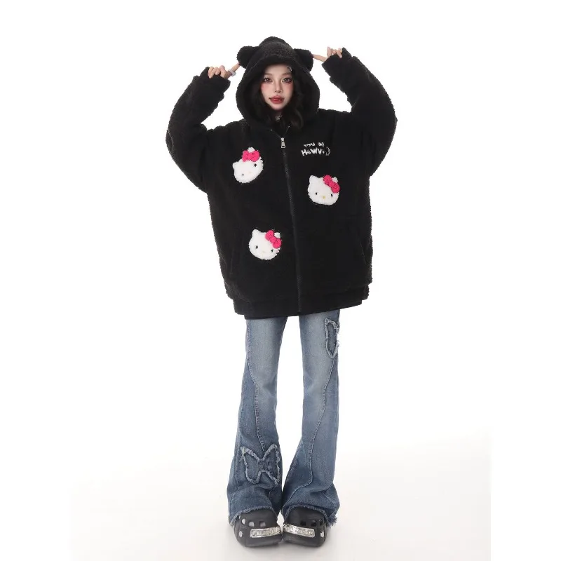 Original kawaii Hello Kitty series embroidered jacket Sanrio autumn and winter warm and thickened cute girly heart cotton jacket