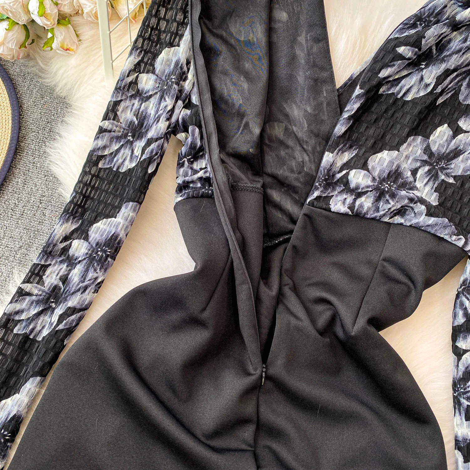 Chic vintage sexy scollo a V Draw String stampa manica lunga slim Elegante Fata moda coreana Boho Sundress abbigliamento donna