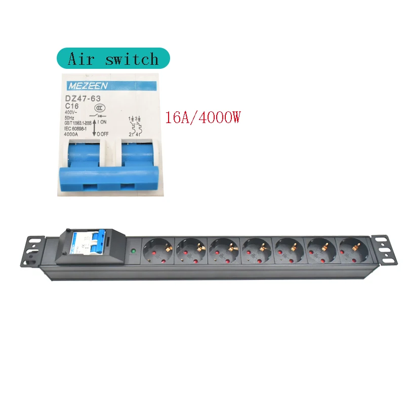 Aluminum alloy shell PDU power strip 19 inch EU socket 7AC, with air switch16A/4000W, LED light display 2m line