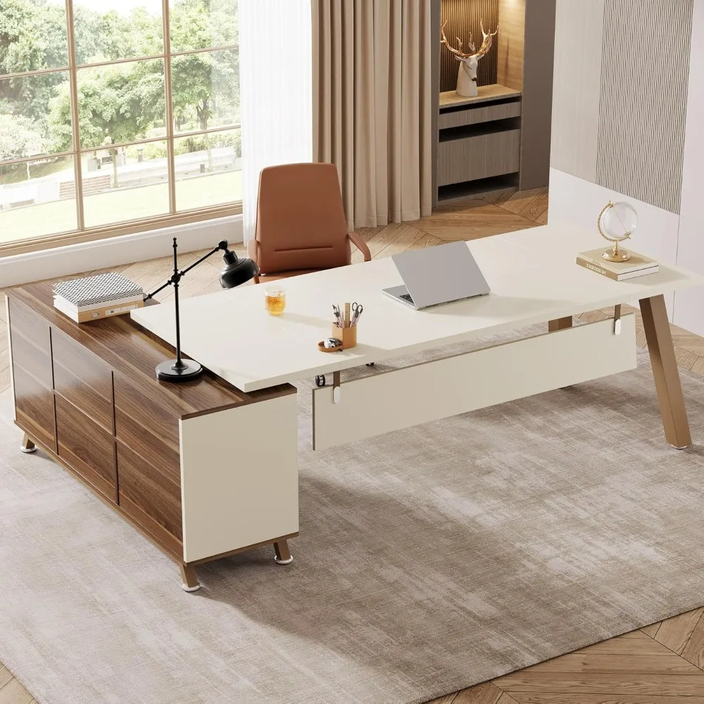 71-Inch Executive Desk, L-Shaped Desk with 55-Inch Cabinet, Large Office Desk with Storage Shelves, Modern Computer Desk