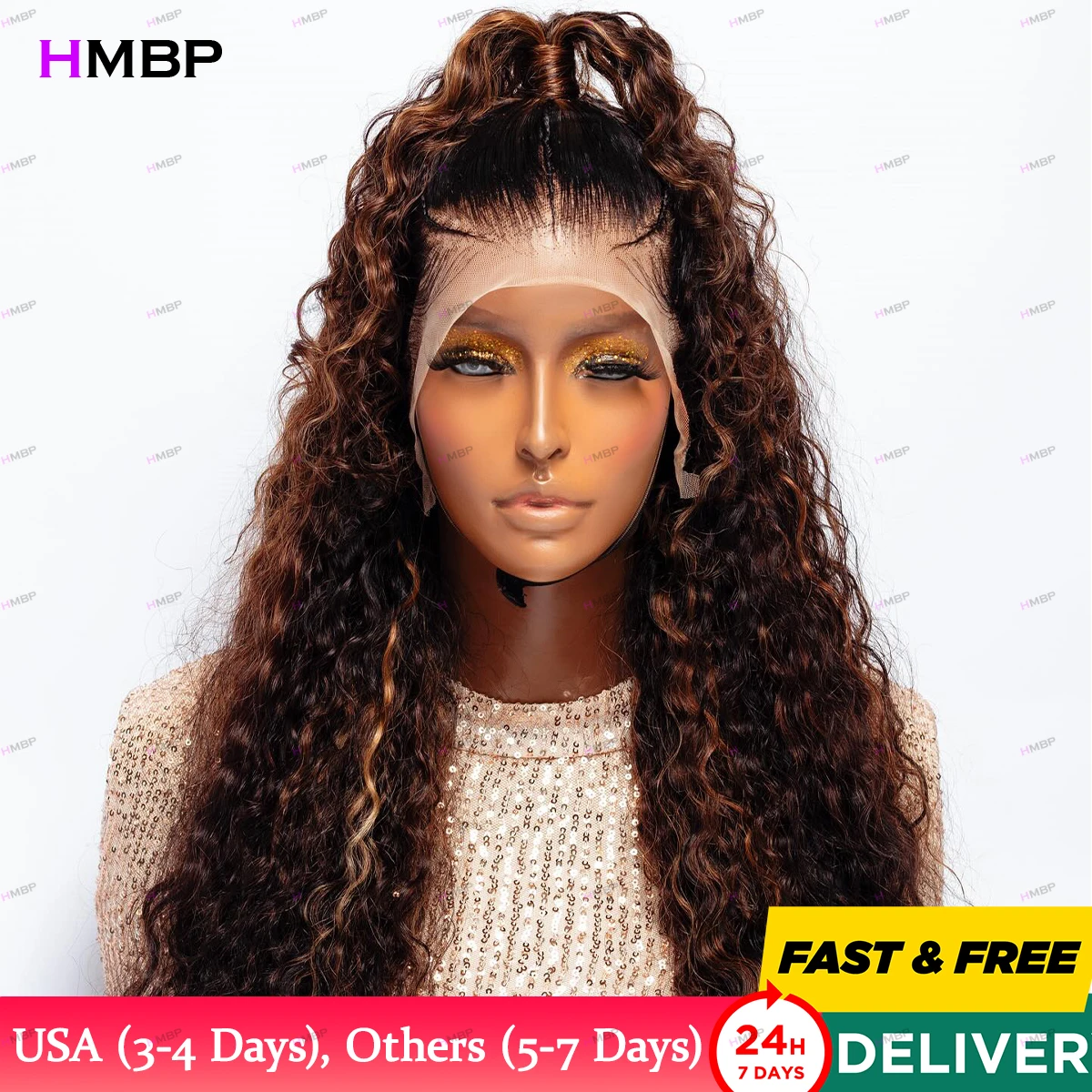 

Glueless Wig Human Hair Ready To Wear Highlight Lace Wig Deep Curly 360/13×6 HD Lace Front Wigs P4/27 Colour Lace Wig Human Hair