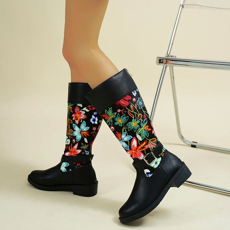 Leather Embroidered Long Boots Women Autumn Winter European American Fashion Waterproof High Barrel Boots Travel Leisure Shoes