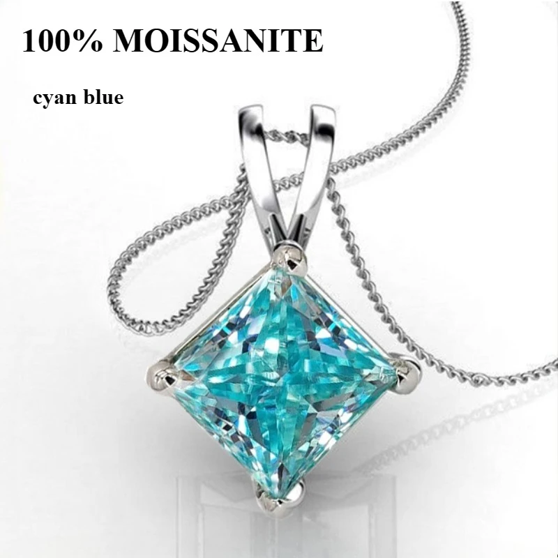 100% Moissanite cyan blue princess cut  moissanite necklace S925 silvery 18K golden plated yellow golden rose golden vvs1  color