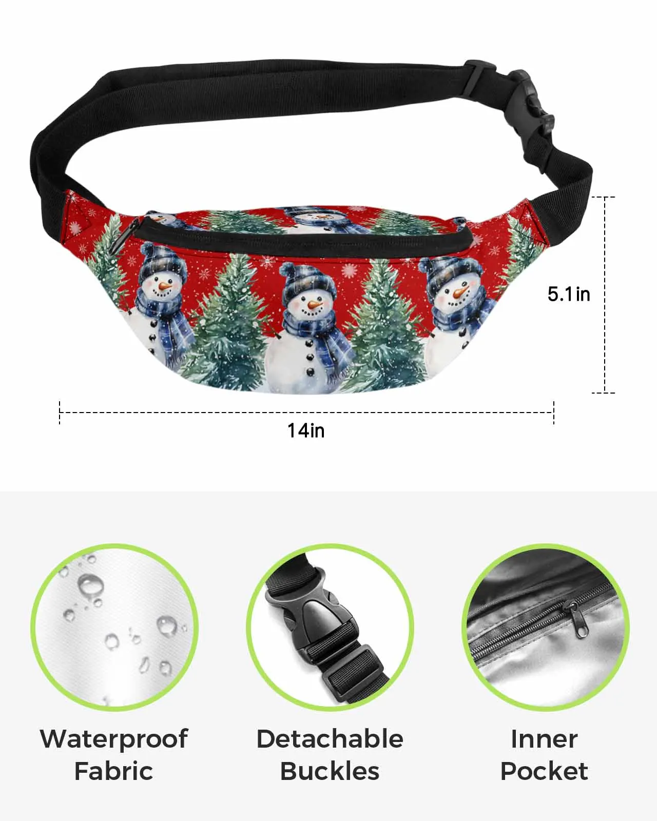 Snowy Snowman Christmas Tree Snowflake  Men Women Waist Bag Fanny Pack Phone Belt Bag Wallet Pouch Waterproof Banana Hip Bags