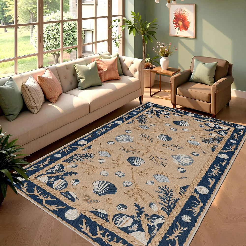 Navy Orange Coastal Seashell Starfish Area Rug for Living Room Bedroom Beach Themed Home Decor Soft Floor Carpet Non Slip